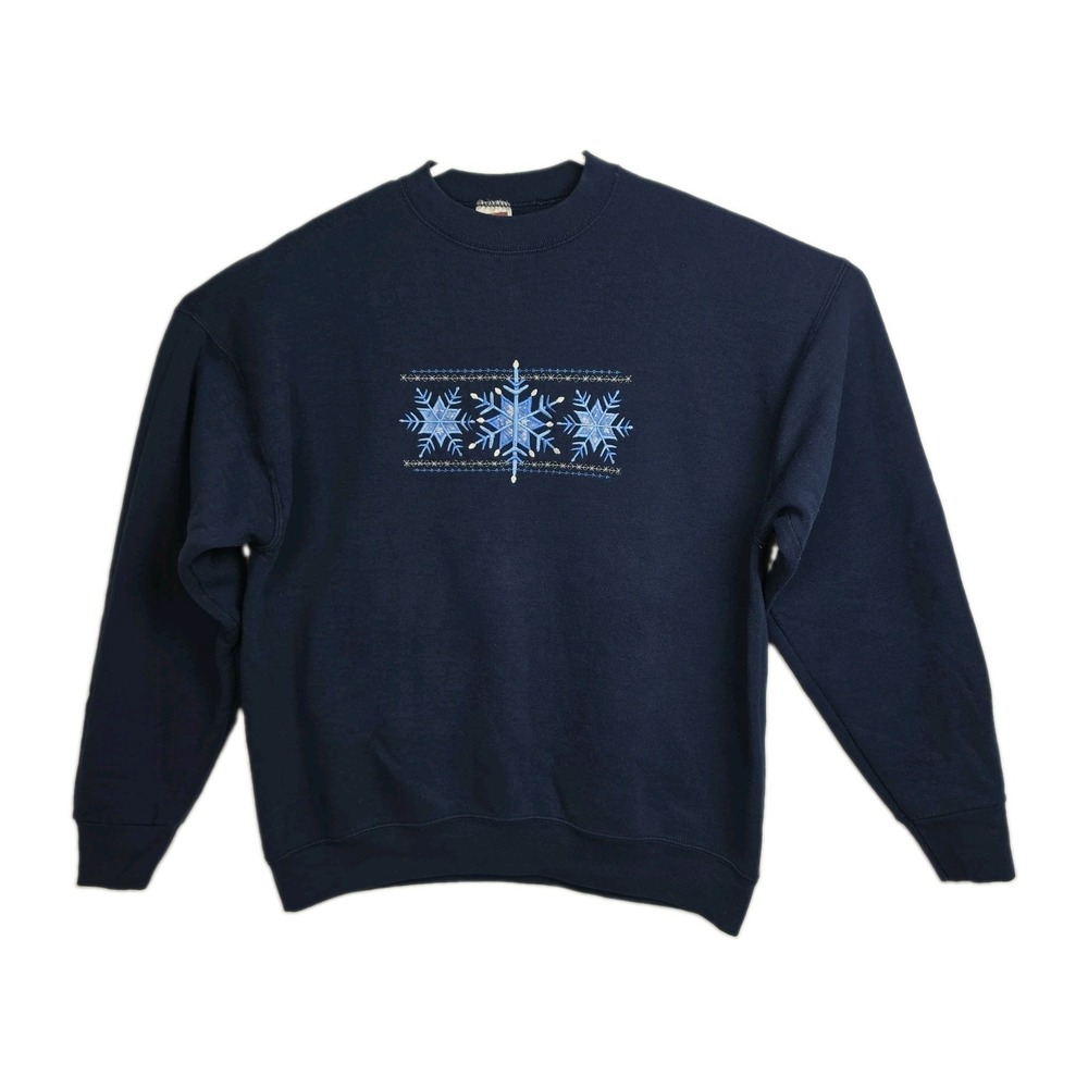 VTG Fruit of the‎ Loom Snowflake Sweatshirt Women's XL Navy Blue Embroidered